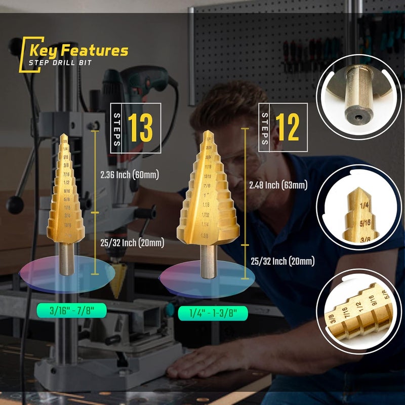 Cortool Step Drill Bit for Metal, Titanium High Speed Steel Step Drill Bit Set, Unibit Step Drill, Heavy Duty Step Bit, HSS Drill Bit Set Total 23 Sizes 1/4"-1-3/8", 3/16"-7/8" - Image 3